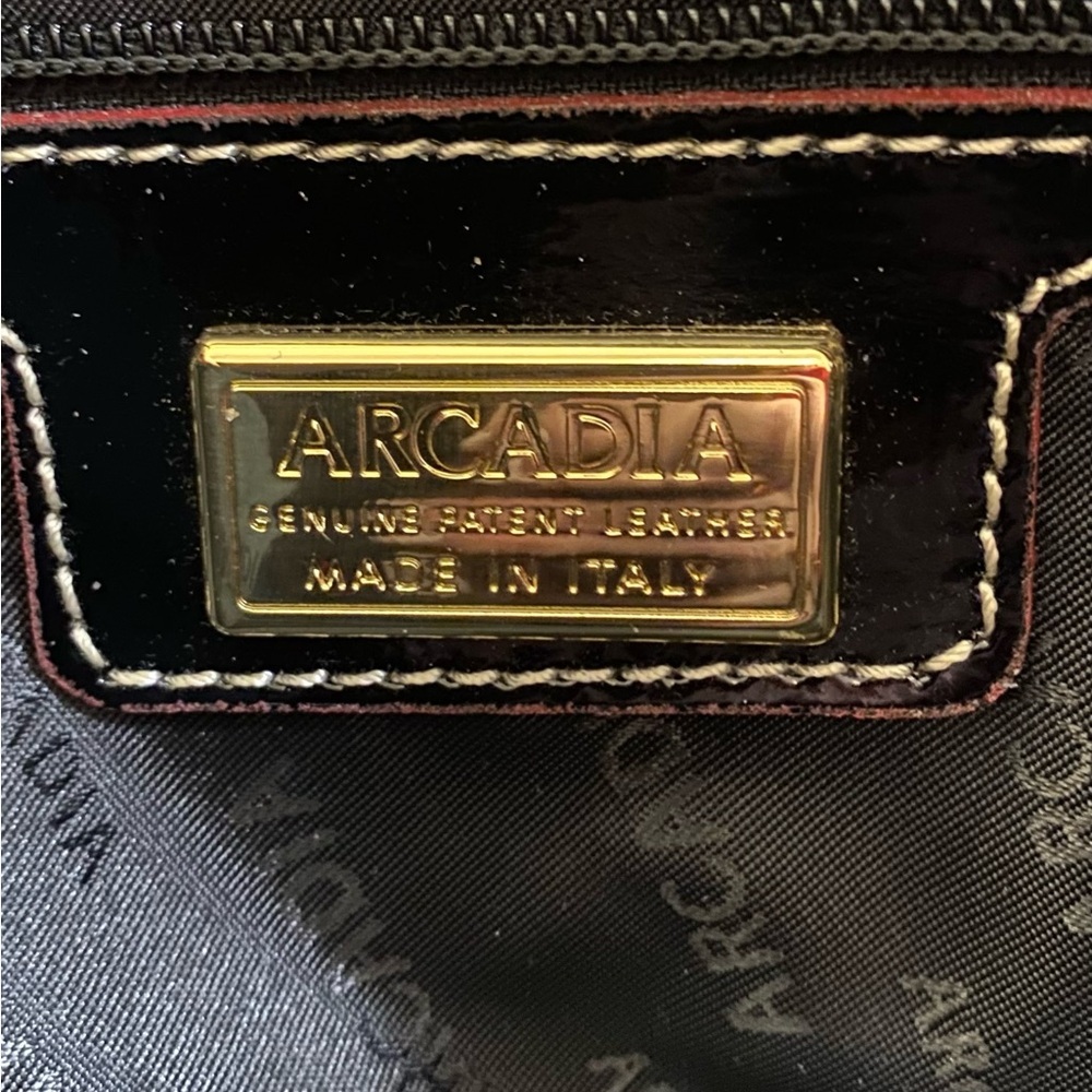 Arcadia Italian Satchel Embossed Patten Leather Black Red Python Accents - Picture 14 of 15
